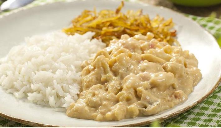 Fotografia em tons de branco, verde e pardo de uma bancada vista de frente, ao centro um prato redondo branco com arroz e strogonoff e abaixo um pano xadrez nas cores branco e verde