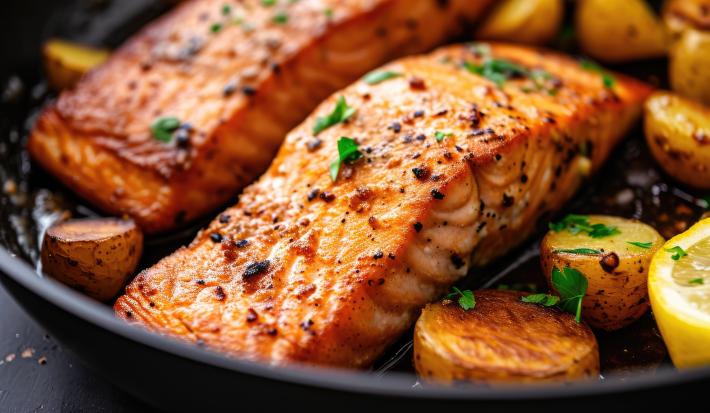 Fotografia de dois filés de salmão e algumas metades de batata bolinha assados na cestinha de um air fryer. Na cestinha tem a metade de um limão siciliano e folhas pequenas de salsinha.