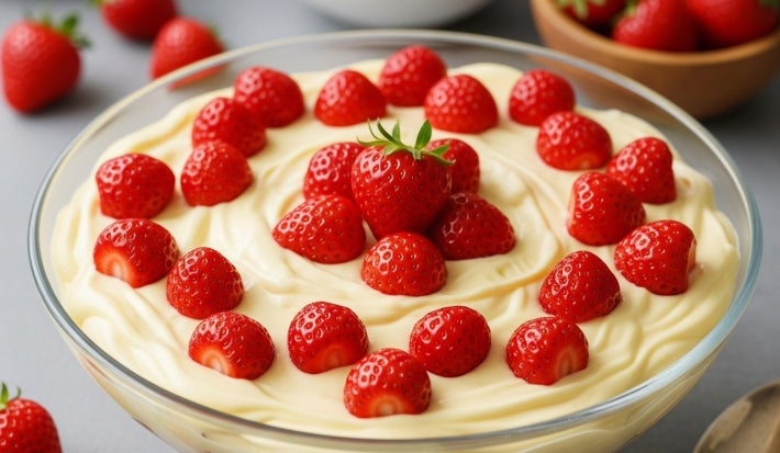 Imagem de um recipiente de vidro com um creme branco e decorado com morangos inteiros.