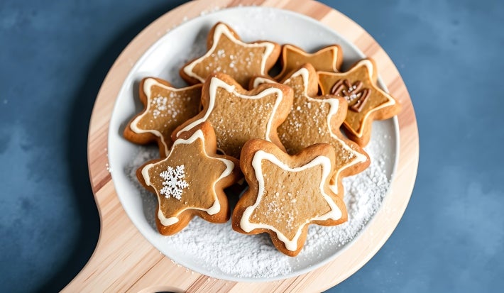 Em cima de uma mesa, prato com biscoitos em formato de estrelas, decorado com glacê branco.