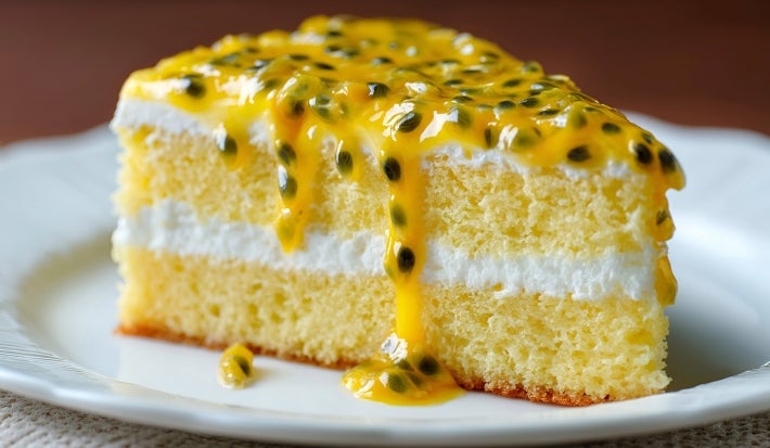 Fotografia de um bolo gelado de maracujá, apresentado em um prato floral. O bolo é de duas camadas, coberto com um molho amarelo brilhante, decorado com folhas de hortelã e frutas escuras.
