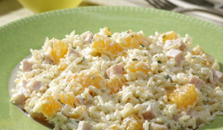 Fotografia em tons de verde em uma mesa com uma toalha bege, um prato redondo raso verde com o risoto de laranja e peito de peru dentro dele. Ao fundo, um potinho amarelo com gomos de laranja.