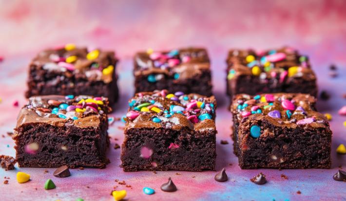 Fotografia de seis pedaços de brownie com confeitos coloridos sobre uma mesa colorida de tom rosa e roxo.
