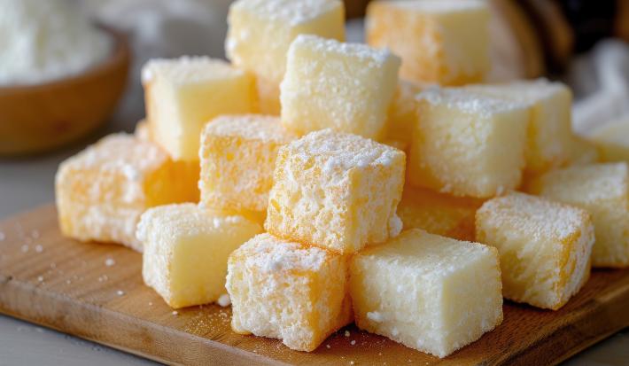 Fotografia de dadinhos de tapioca empilhados e polvilhados com coco ralado.