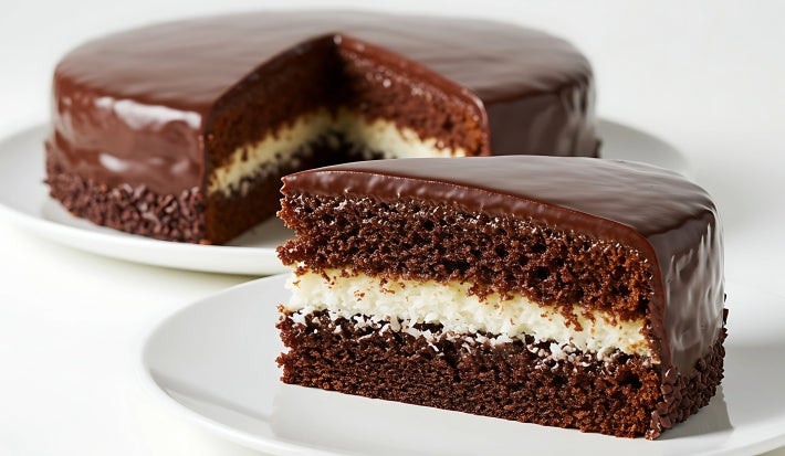Fotografia de um bolo de chocolate redondo, coberto com ganache suave. Uma fatia revela camadas de chocolate fofinho e um recheio branco de coco.