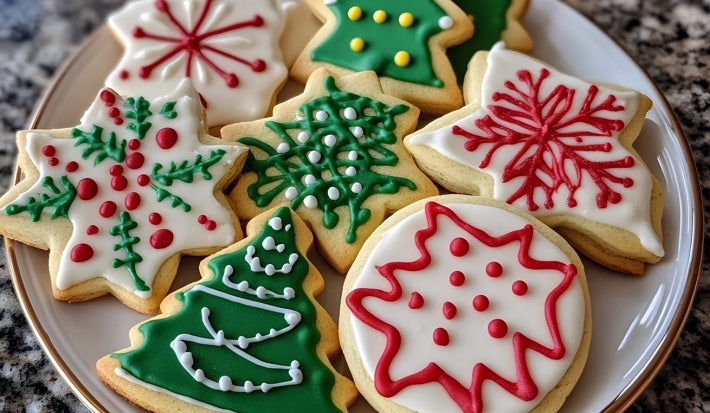Em cima de uma mesa, prato branco com biscoitos redondos e em formato de estrela e árvore de natal, decorado com glacê colorido e confeito vermelho.