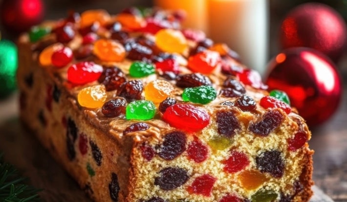 Fotografia de um bolo de frutas natalino, ricamente decorado com frutas cristalizadas coloridas, apresentado em uma tábua de madeira rústica, cercado por velas que criam uma atmosfera acolhedora e festiva.