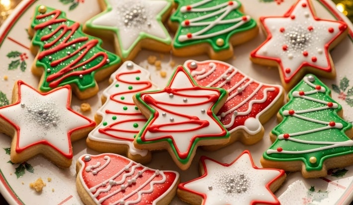 Em cima de uma mesa, prato com biscoitos em formato de estrelas, sinos e Árvore de Natal, decorados com glacê branco, verde e vermelho e confeitos coloridos de bolinha.