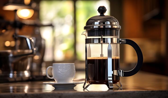 Fotografia em tons de marrom com uma prensa francesa e uma xícara branca ao centro. Dentro da prensa existe um café de cor escura.