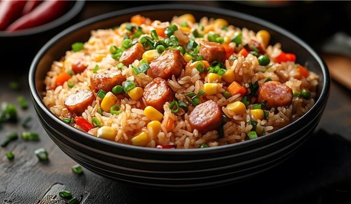 Imagem de um tigela com arroz solto, calabresa picada em rodelas, pimentão picado e milho verde, decorado com ervas frescas, como salsa ou cebolinha.