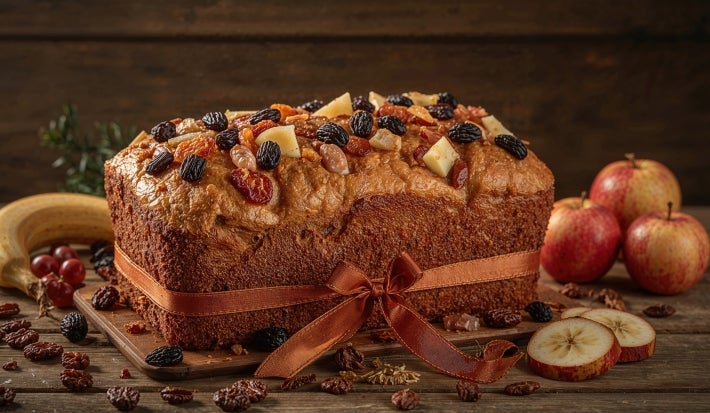 Fotografia de um bolo de frutas decorado com nozes e frutas secas, amarrado com uma fita marrom. Ao lado, maçãs vermelhas e fatias de maçã complementam a apresentação.