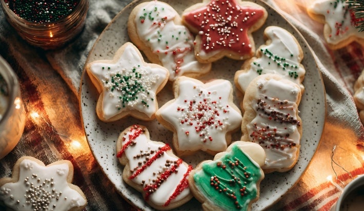 Em cima de uma mesa, prato redondo com biscoitos de estrela, árvore de Natal, decorados com glacê colorido e confeitos coloridos.