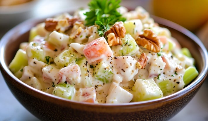 Em cima de uma mesa,  tigela com salada de maionese com cenouras, batatas, decoradas com nozes picadas e folha de cheiro-verde.