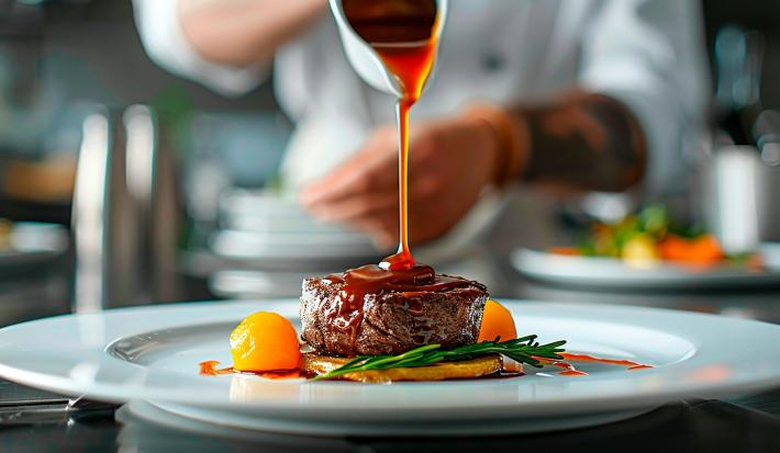 Fotografia de um prato grande e raso branco com um filé de carne e poucos legumes. Sobre a carne tem uma mini jarra branca com o molho roti caindo lentamente.