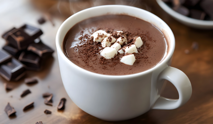 Imagem de uma xícara branca com chocolate quente com pedaços de marshmallow branco.