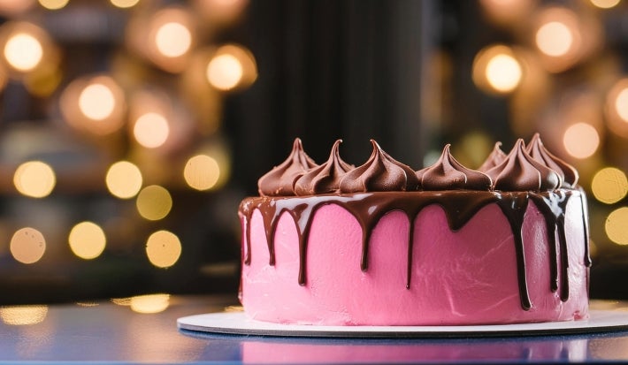 Fotografia de um bolo redondo com base de glacê e ganache de chocolate escorrendo. O topo é decorado com dollops de chocolate em espiral, enquanto o fundo apresenta luzes douradas.