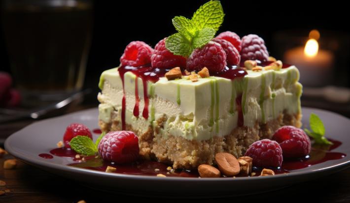 Fotografia de uma fatia grande de torta com base de biscoito, um recheio de cor clara com algumas gotas de cobertura esverdeada. Por cima existem framboesas e amoras, juntamente com uma folha de hortelã.