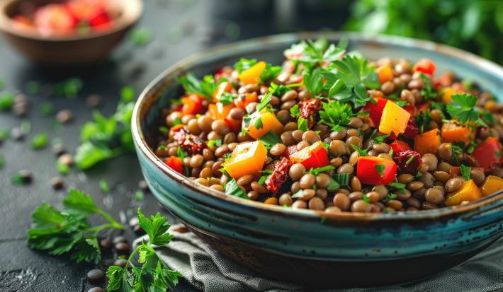 Fotografia em tons de verde com um prato verde fundo ao centro. Dentro do prato existe uma receita de salada colorida de lentilha feita na air fryer com legumes grelhados e coloridos