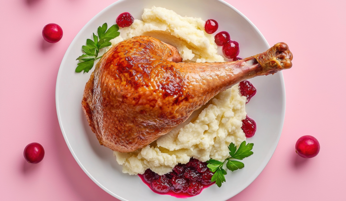 A imagem mostra uma coxa de frango assada sobre purê de batata doce, decorado com molho de cranberry. O prato é branco e o fundo da foto é rosa