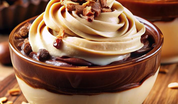 Fotografia de um recipiente de vidro com mousse de cupuaçu, uma camada de chocolate e chantilly por cima.