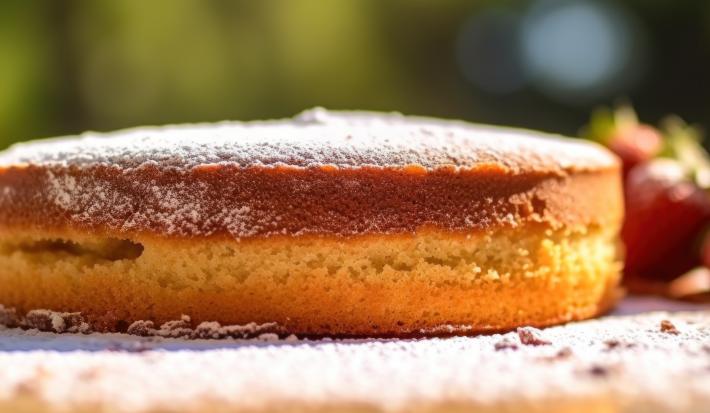 Fotografia de um bolo com massa fofinha de pão-de-ló mostrada de lado. O bolo está polvilhado com açúcar de confeiteiro.