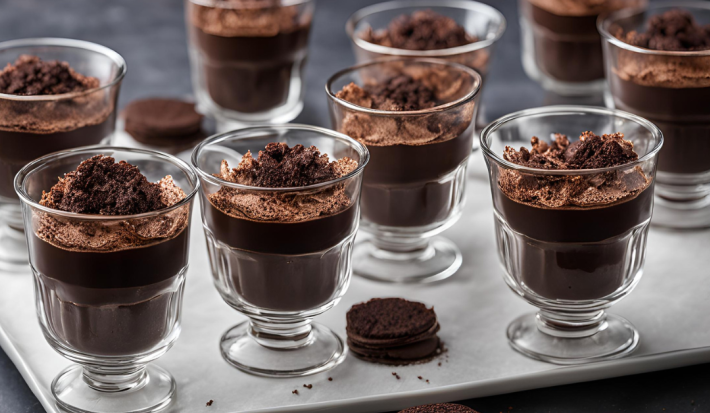 Fotografia mostra com taça de vidro com camadas de brigadeiro cremoso e biscoito, cobertas por chocolate derretido brilhante.