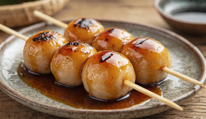 Doce japonês de cor branca em formato de bolinha, grelhado e coberto com uma calda
