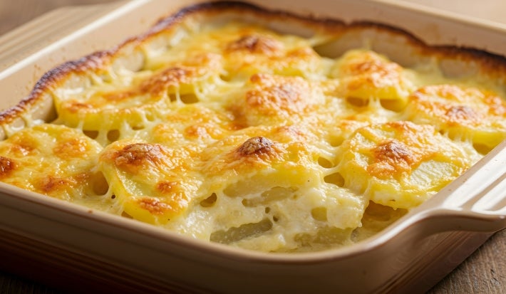 Em cima de uma mesa, refratário com batatas cremosas gratinadas com queijo.