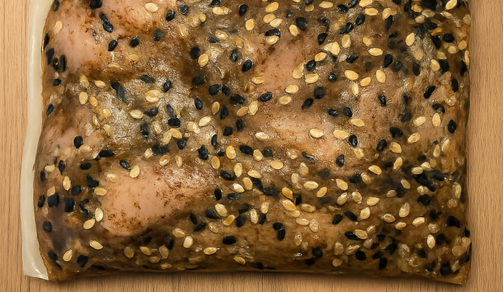 fotografia de um frango dentro de um saco imerso em uma marinada com temperos orientais