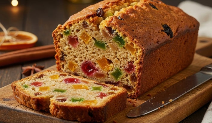 Fotografia de um bolo de frutas recém-assado, exibido em uma tábua de madeira. O bolo, cortado, mostra um interior denso e úmido, repleto de frutas cristalizadas.