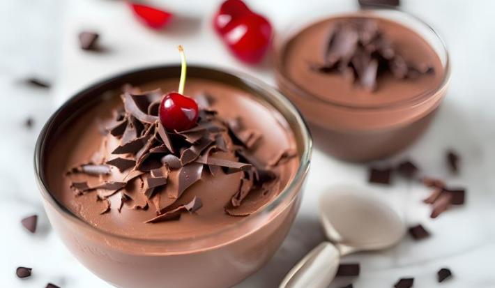 Fotografia de dois recipientes de vidro com mousse floresta negra, com raspas de chocolate e cereja por cima. Os recipientes estão sobre uma mesa branca, com raspas de chocolate espalhadas.