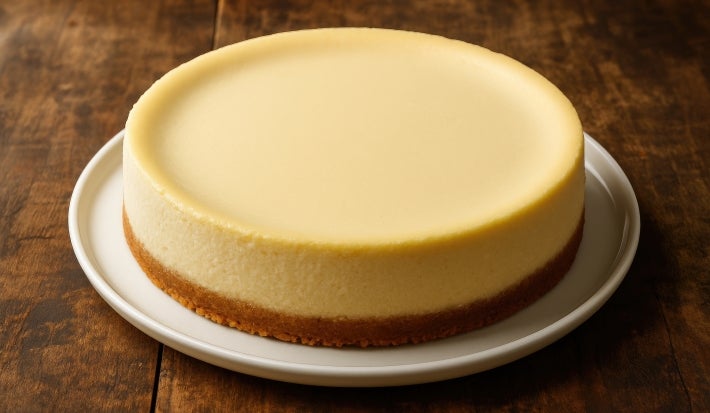 Fotografia da torta sem as frutas secas e damascos, como uma cheesecake sobre o prato raso branco.