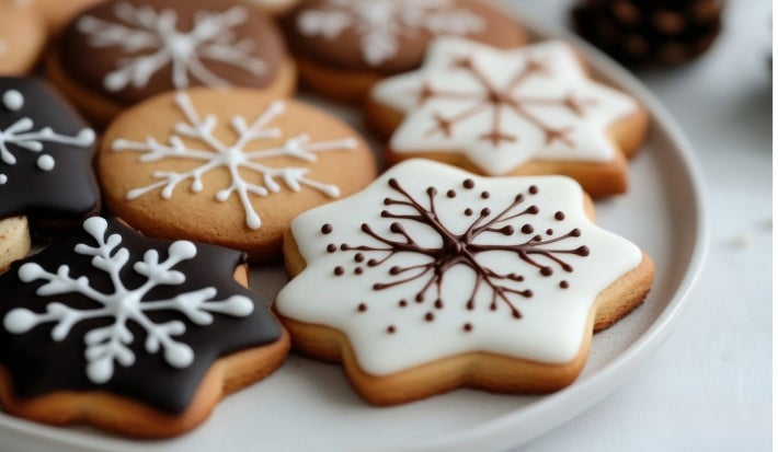 Em cima de uma mesa, prato redondo com biscoitos de estrelas, decorado com glacê branco e chocolate derretido.