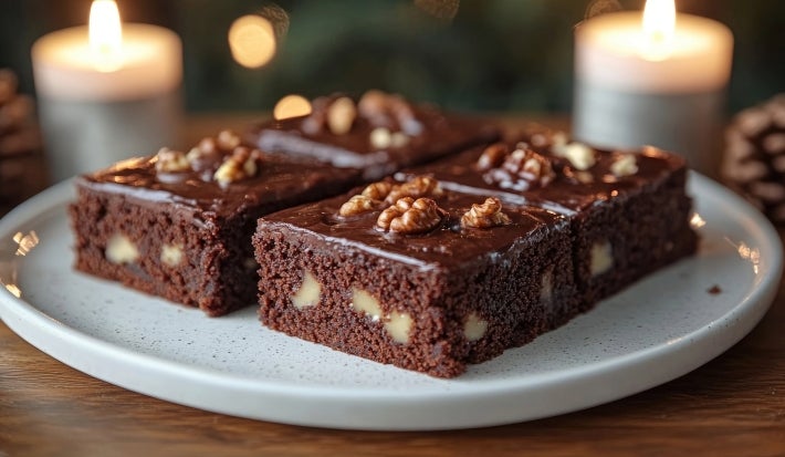 Fotografia de um prato com bolo de chocolate, cobertos com um brilho intenso e decorados com nozes. A luz suave das velas cria uma atmosfera convidativa e aconchegante.