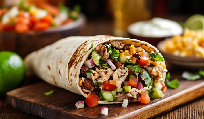 Fotografia em tons de marrom com uma tabua de madeira ao centro. Em cima da tábua existe um burrito de frango recheado com cebola, vegetais coloridos e molho de abacate