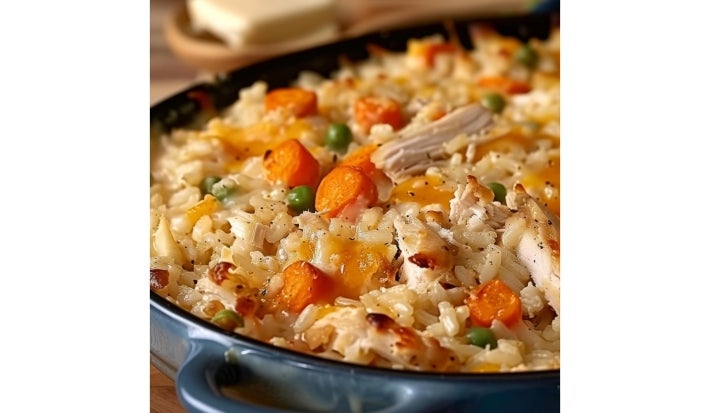 Em uma panela preta, arroz cremoso com cenouras, ervilhas e frango desfiado.