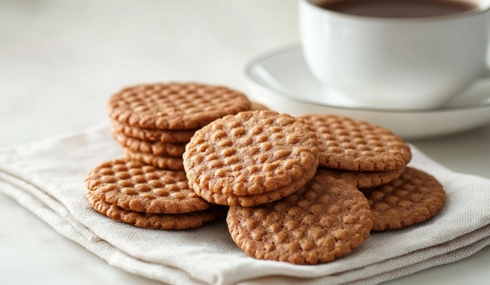 Em cima de uma mesa, biscoitos redondos crocantes e dourados.