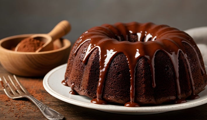 Um bolo de chocolate Bundt, rico e úmido, é apresentado em um prato cerâmico branco. Coberto com um brilho de chocolate cremosa, o bolo exibe uma textura macia e escura.