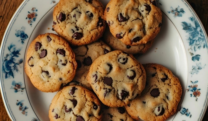 Em cima de uma mesa, prato redondo com biscoitos crocantes com gotas de chocolate.