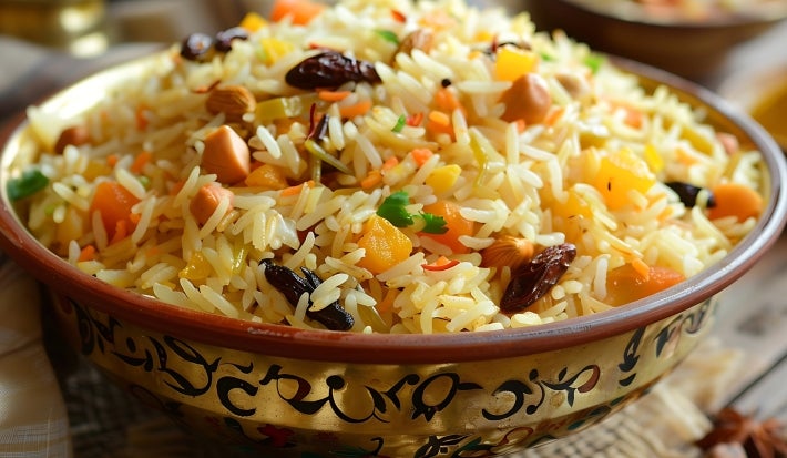 Em cima de uma mesa, tigela redonda coma arroz soltinho, damascos, passas e castanhas, decorado com cheiro-verde picado.