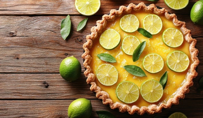 Fotografia vista de cima de uma torta de limão sobre uma mesa de madeira escura. A torta de limão está decorada com fatias do fruto, gelatina e algumas folhas.