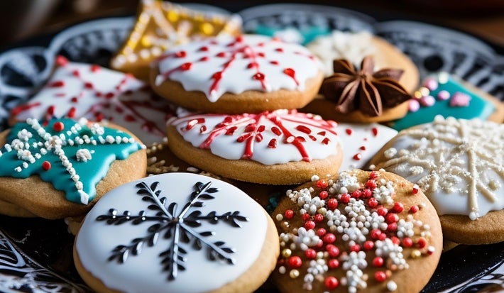 Em cima de uma mesa, prato redondo com biscoitos redondos e em formato de estrelas, decorados com açúcar de confeiteiro e confeitos coloridos.