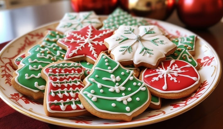 Em cima de uma mesa, prato com biscoitos redondos e em formato de estrelas e boneco de neve, decorados com glacê colorido e confeitos coloridos.
