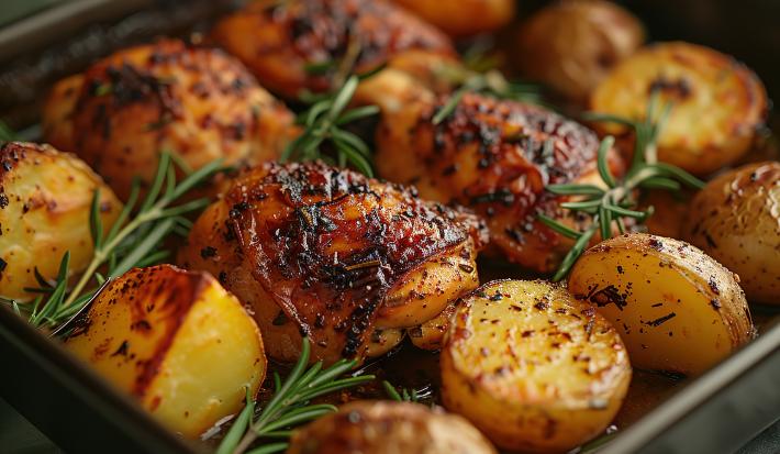 Fotografia de quatro sobrecoxas de frango assadas com batatas bolinha, também assadas. Por cima tem alguns ramos de tomilho.