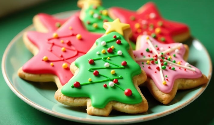 Em cima de uma mesa, prato com biscoitos em formatos de estrela e árvore de natal, decorados com glacê colorido e confeitos coloridas.