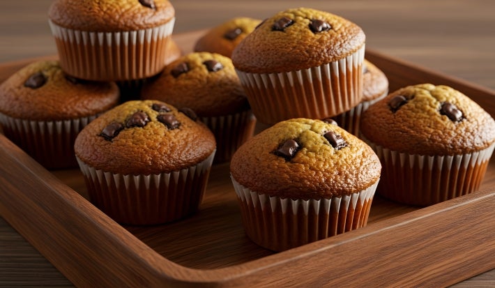 Em cima de uma mesa, cesta com bolinhos de fúba e chocolate picado derretido.