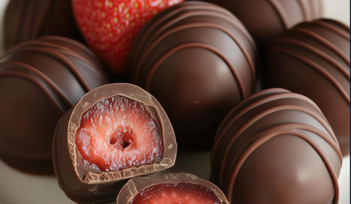 Imagem de vários bombons sobre um prato branco apoiado em um fundo de mandeira. No meio dos bombons, um morango vermelho de cabo verde. No centro, há um bombom cortado ao meio mostrando seu recheio de um morango também cortado.