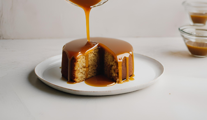 Fotografia em tons de branco com um prato branco ao centro. Em cima do prato existe uma receita de Bolo de Especiarias coberto com uma calda dourada feita com laranja