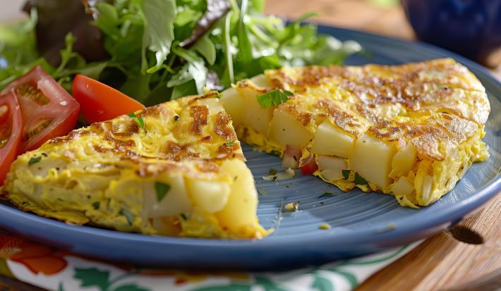 Foto aproximada da receita de omelete com batata, servida em um prato e dividia ao meio, podendo ver as batatas no centro. No prato há uma salada verde e algumas fatias de tomate