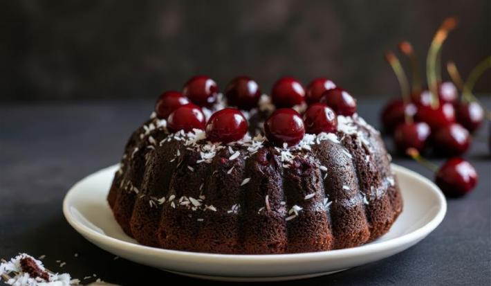 Fotografia de um bolo de nescau, feito na forma redonda com furo no meio, com cereja na massa e várias cerejas por cima do bolo, que está sobre um prato fundo branco. O prato está sobre uma mesa preta, que tem várias cerejas juntas.